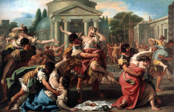 По легенде, семейная жизнь в Древнем Риме началась с похищения и изнасилования воинами Ромула девушек из племени сабинян. Картина Себастьяна Риччи
